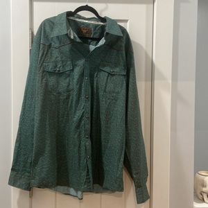 Cowboy Hardware XXL paisley brown and teal western Pearl snap long sleeve EUC